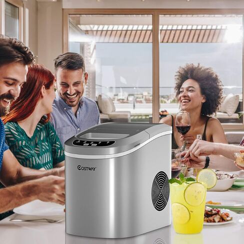 COSTWAY Countertop Ice Maker, 26LBS/24H Portable and Compact Ice Maker Machine, Ice Cubes Ready in 6 Mins, Electric High Efficiency Small Ice Maker with Ice Scoop for Home Kitchen Office, Silver in Saudi Arabia