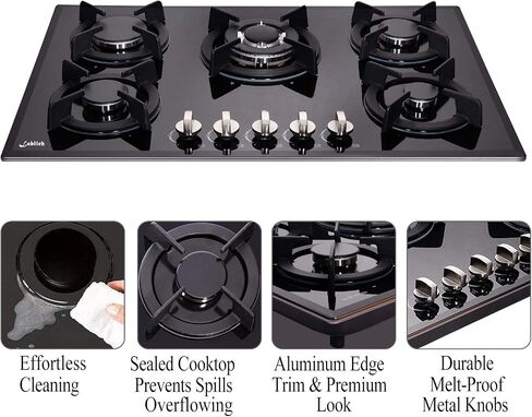 30 Cooktop gas, 5 Burners gas stovetop 30 inch,Gas Stove Gas Hob Stovetop Tempered Glass Cooktop Cast Iron Grates Built-in Gas Stove Top LW5G01 LPG/NG Gas Cooktop Black in Saudi Arabia