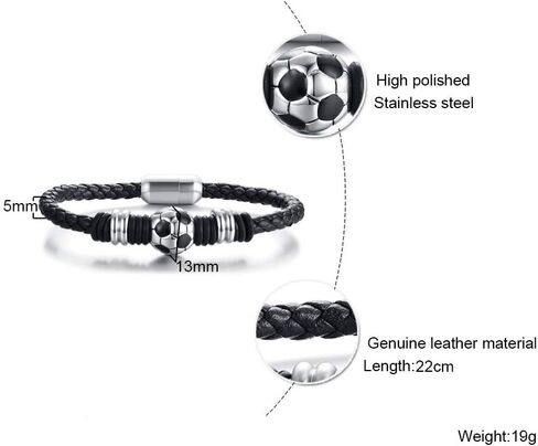Soccer Bracelet Men's Football Genuine Braided Leather Wristband Bangle Bracelets with Stainless Steel Magnetic Clasp,Gift for Team Girl Boy Soccer lovers, Soccer Themed Christmas Gifts in Saudi Arabia