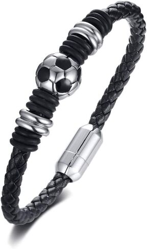 Soccer Bracelet Men's Football Genuine Braided Leather Wristband Bangle Bracelets with Stainless Steel Magnetic Clasp,Gift for Team Girl Boy Soccer lovers, Soccer Themed Christmas Gifts in Saudi Arabia