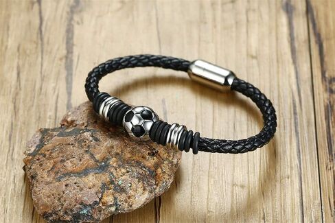 Soccer Bracelet Men's Football Genuine Braided Leather Wristband Bangle Bracelets with Stainless Steel Magnetic Clasp,Gift for Team Girl Boy Soccer lovers, Soccer Themed Christmas Gifts in Saudi Arabia