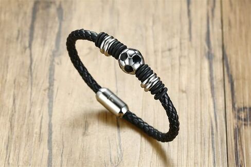 Soccer Bracelet Men's Football Genuine Braided Leather Wristband Bangle Bracelets with Stainless Steel Magnetic Clasp,Gift for Team Girl Boy Soccer lovers, Soccer Themed Christmas Gifts in Saudi Arabia