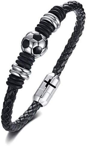 Soccer Bracelet Men's Football Genuine Braided Leather Wristband Bangle Bracelets with Stainless Steel Magnetic Clasp,Gift for Team Girl Boy Soccer lovers, Soccer Themed Christmas Gifts in Saudi Arabia