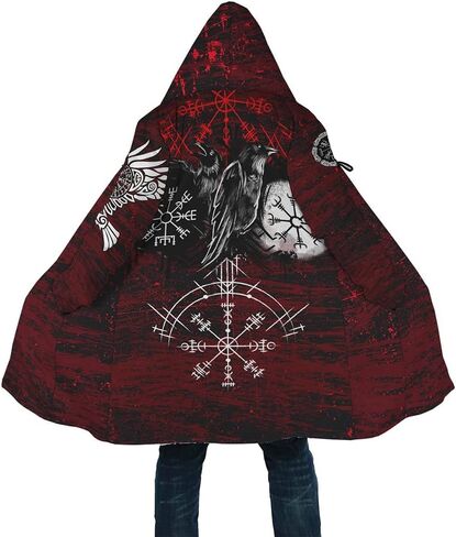 YYDSR Winter Thick Warm Cloak Mens Viking Odin Raven Tattoo 3D Print Fleece Hooded Casual Cloak Coat(US Size) in Saudi Arabia