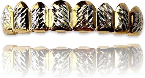 Shop-iGold 18k Gold Silver Two Tone Plated Cluster Custom Slugs Fangs Top Bottom Diamond Cut Grillz Mouth Teeth Grills Set - Grillz, Teeth Cap in Saudi Arabia