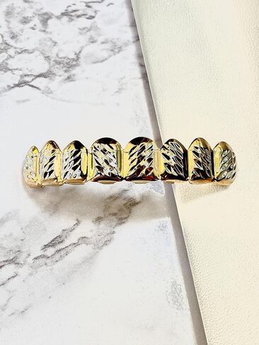 Shop-iGold 18k Gold Silver Two Tone Plated Cluster Custom Slugs Fangs Top Bottom Diamond Cut Grillz Mouth Teeth Grills Set - Grillz, Teeth Cap in Saudi Arabia
