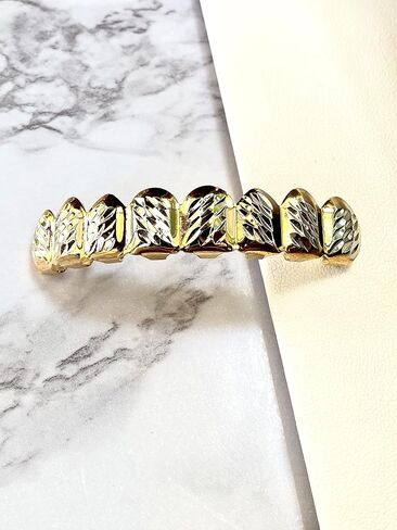 Shop-iGold 18k Gold Silver Two Tone Plated Cluster Custom Slugs Fangs Top Bottom Diamond Cut Grillz Mouth Teeth Grills Set - Grillz, Teeth Cap in Saudi Arabia