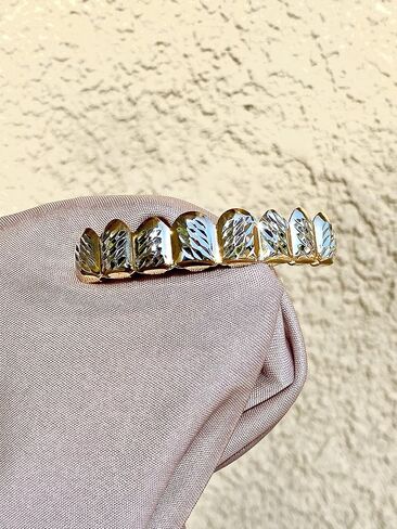 Shop-iGold 18k Gold Silver Two Tone Plated Cluster Custom Slugs Fangs Top Bottom Diamond Cut Grillz Mouth Teeth Grills Set - Grillz, Teeth Cap in Saudi Arabia