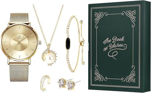 مجموعة ساعات SHENGKE للنساء مع قلادة وسوار وخاتم وأقراط مجموعة 5 في 1 صندوق كتب بغلاف مقوى هدية للذكرى السنوية in Kuwait
