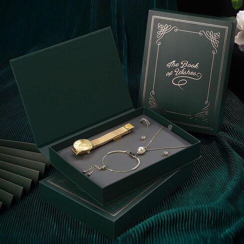 مجموعة ساعات SHENGKE للنساء مع قلادة وسوار وخاتم وأقراط مجموعة 5 في 1 صندوق كتب بغلاف مقوى هدية للذكرى السنوية in Kuwait