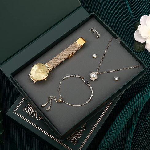 مجموعة ساعات SHENGKE للنساء مع قلادة وسوار وخاتم وأقراط مجموعة 5 في 1 صندوق كتب بغلاف مقوى هدية للذكرى السنوية in Kuwait