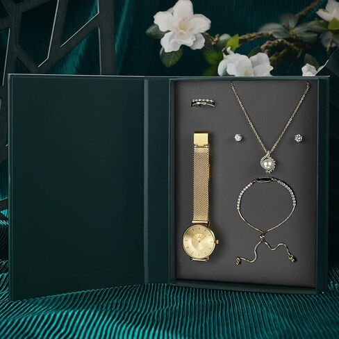 مجموعة ساعات SHENGKE للنساء مع قلادة وسوار وخاتم وأقراط مجموعة 5 في 1 صندوق كتب بغلاف مقوى هدية للذكرى السنوية in Kuwait