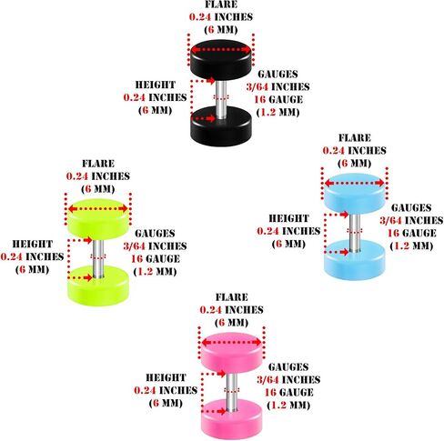 BIG GAUGES 4 Pairs Black Light Blue Green Pink Acrylic Fake Plugs Piercing Jewelry Ear Cheater Illusion Earring Lobe in Saudi Arabia