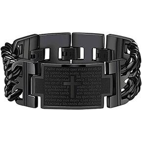 GOVENUS Vintage Stainless Steel Cross English Bible Lords Prayer Link Wrist Bracelet For Men,Gold/Black/Silver