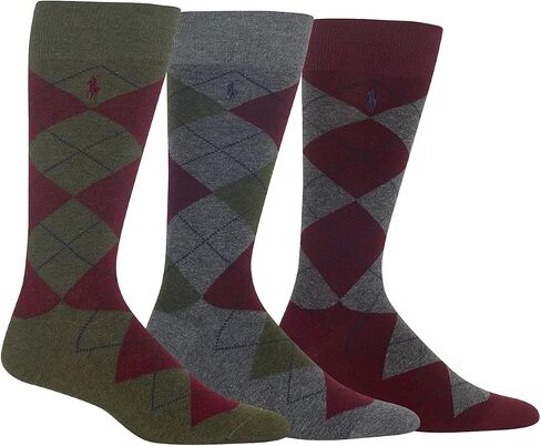 Ralph Lauren Men Dress Argyle Crew 3 Pack Socks Custom Fit Size 10-13 Olive/maroon in Kuwait
