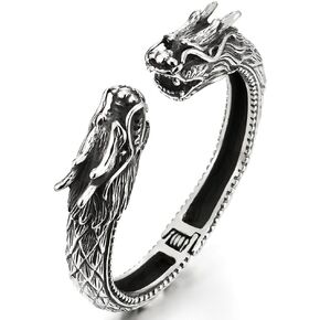 COOLSTEELANDBEYOND Mens Large Stainless Steel Dragon Spring Cuff Bangle Bracelet, Retro Style in Kuwait