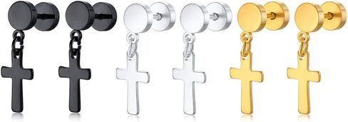 Cross Dangle Tassel Earrings Set 3, Stainless Steel Round Tunnel Gauges Screw Stud Earring for Men Women Boys, 3 Pairs in Kuwait