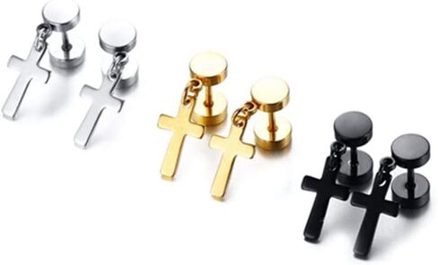 Cross Dangle Tassel Earrings Set 3, Stainless Steel Round Tunnel Gauges Screw Stud Earring for Men Women Boys, 3 Pairs in Kuwait