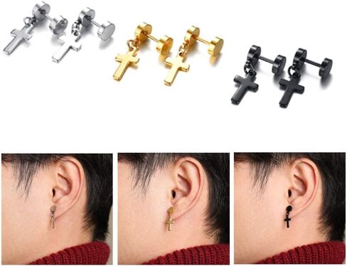 Cross Dangle Tassel Earrings Set 3, Stainless Steel Round Tunnel Gauges Screw Stud Earring for Men Women Boys, 3 Pairs in Kuwait