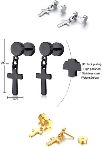 Cross Dangle Tassel Earrings Set 3, Stainless Steel Round Tunnel Gauges Screw Stud Earring for Men Women Boys, 3 Pairs in Kuwait
