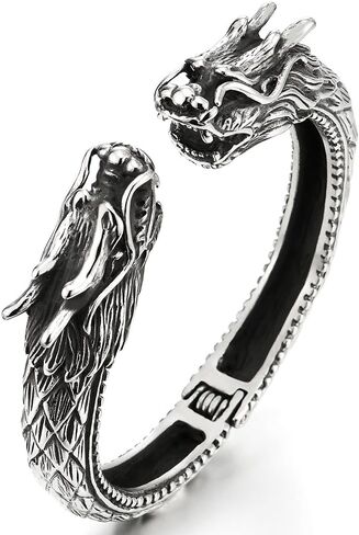 COOLSTEELANDBEYOND Mens Large Stainless Steel Dragon Spring Cuff Bangle Bracelet, Retro Style in Saudi Arabia
