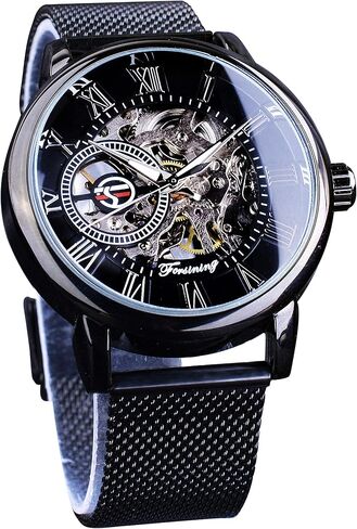 Men's Skeleton Watch Steampunk Watch Black Mechanical Watch for Men Minimalist Retro Design Mechanical Skeleton Wrist Watch Transparent Business Mesh Band Watch in Saudi Arabia