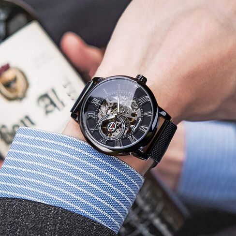 Men's Skeleton Watch Steampunk Watch Black Mechanical Watch for Men Minimalist Retro Design Mechanical Skeleton Wrist Watch Transparent Business Mesh Band Watch in Saudi Arabia