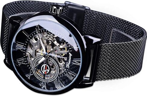 Men's Skeleton Watch Steampunk Watch Black Mechanical Watch for Men Minimalist Retro Design Mechanical Skeleton Wrist Watch Transparent Business Mesh Band Watch in Saudi Arabia