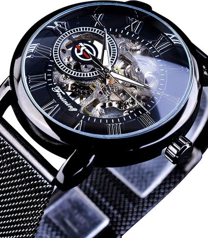 Men's Skeleton Watch Steampunk Watch Black Mechanical Watch for Men Minimalist Retro Design Mechanical Skeleton Wrist Watch Transparent Business Mesh Band Watch in Saudi Arabia