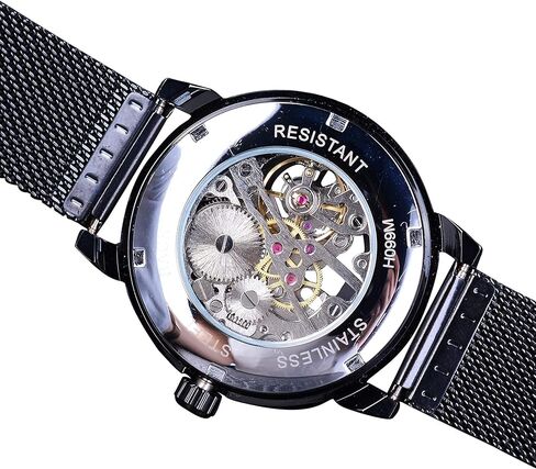 Men's Skeleton Watch Steampunk Watch Black Mechanical Watch for Men Minimalist Retro Design Mechanical Skeleton Wrist Watch Transparent Business Mesh Band Watch in Saudi Arabia