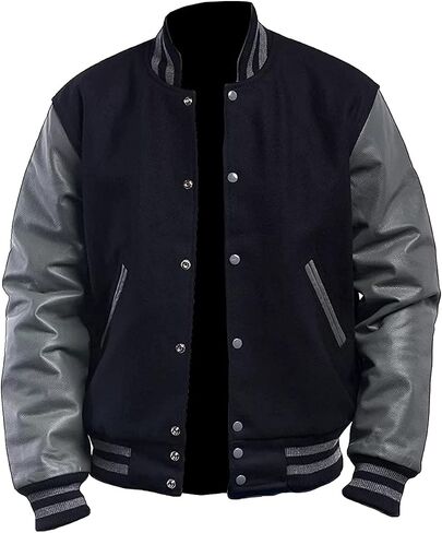 Mens Varsity Jackets - High School College Letterman Bomber Jacket Wool Varsity Jacket Faux Leather Sleeves in Saudi Arabia