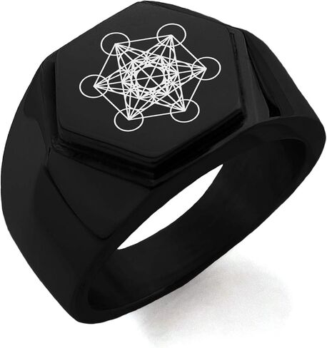 Stainless Steel Metatron’s Cube Hexagon Crest Flat Top Biker Style Polished Ring in Kuwait