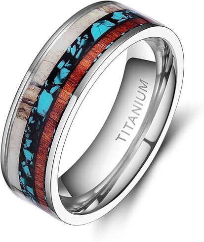 TIGRADE 6mm 8mm Deer Antlers Titanium Ring Turquoise Wood Inlaid Wedding Band in Saudi Arabia
