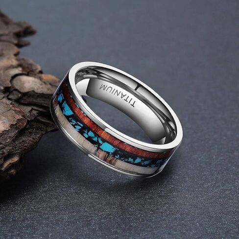 TIGRADE 6mm 8mm Deer Antlers Titanium Ring Turquoise Wood Inlaid Wedding Band in Saudi Arabia