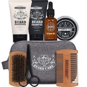 Beard Grooming Kit Rinse & Robust 8Pcs Travel Beard Care Set Kit For Men Beard Wash & Beard Conditioner Set Holiday Gift Set For Men Beard Shampoo, Beard Conditioner, Beard Oil, Beard Balm, Double-Headed Brush, Beard Scissors, Bristle Brush, Travel Bag, in Saudi Arabia