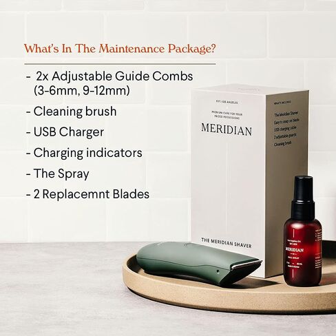 The Maintenance Package by Meridian: Includes Men’s Waterproof Electric Below-The-Belt Trimmer (Sage), 2 Replacement Blades, and The Spray (50 mL) in Kuwait