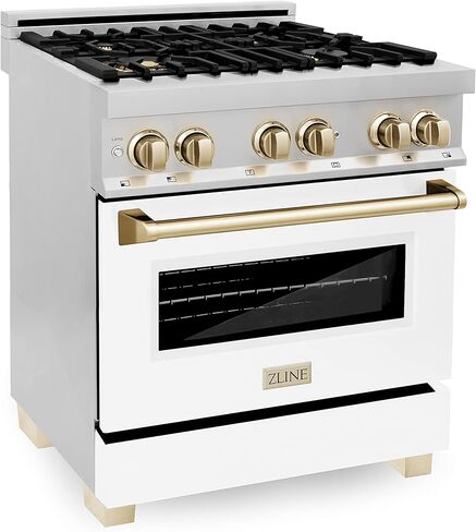 ZLINE Autograph Edition 30" 4.0 cu. ft. Dual Fuel Range with Gas Stove and Electric Oven in Stainless Steel with White Matte Door and Gold Accents (RAZ-WM-30-G) in Saudi Arabia