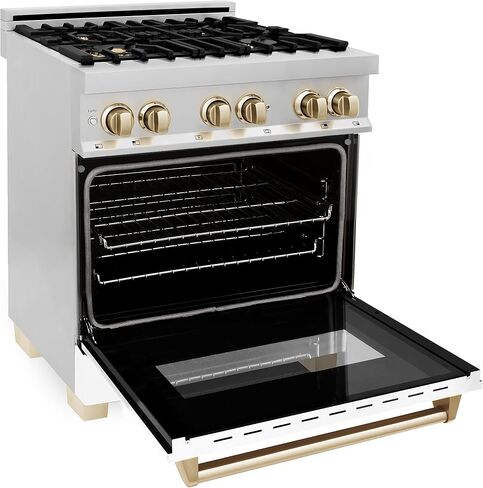 ZLINE Autograph Edition 30" 4.0 cu. ft. Dual Fuel Range with Gas Stove and Electric Oven in Stainless Steel with White Matte Door and Gold Accents (RAZ-WM-30-G) in Saudi Arabia