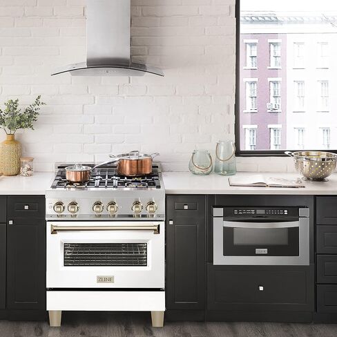ZLINE Autograph Edition 30" 4.0 cu. ft. Dual Fuel Range with Gas Stove and Electric Oven in Stainless Steel with White Matte Door and Gold Accents (RAZ-WM-30-G) in Saudi Arabia