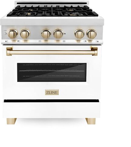 ZLINE Autograph Edition 30" 4.0 cu. ft. Dual Fuel Range with Gas Stove and Electric Oven in Stainless Steel with White Matte Door and Gold Accents (RAZ-WM-30-G) in Saudi Arabia