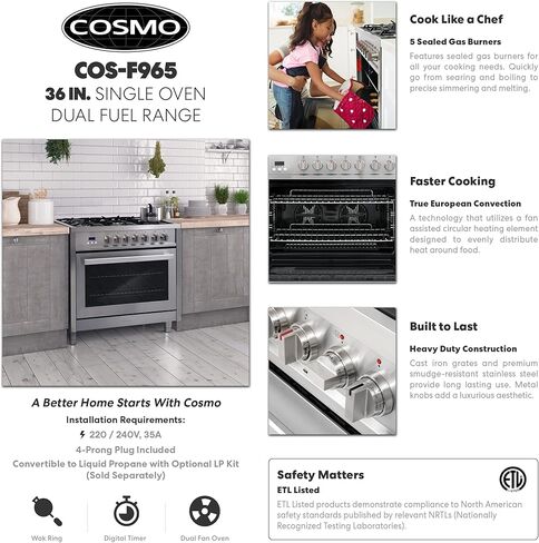 COSMO F965 36 in. 220/240V Dual Fuel Range with 5 Gas Burners, Electric Convection Oven with 3.8 cu. ft. Capacity, 8 Functions, Black Porcelain Interior in Stainless Steel in Saudi Arabia