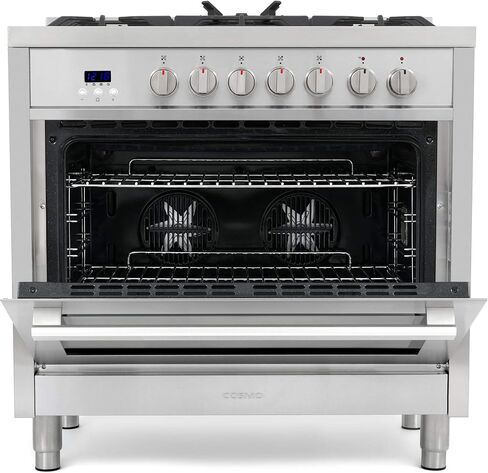 COSMO F965 36 in. 220/240V Dual Fuel Range with 5 Gas Burners, Electric Convection Oven with 3.8 cu. ft. Capacity, 8 Functions, Black Porcelain Interior in Stainless Steel in Saudi Arabia