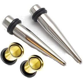 Surgical Steel Tapers and Gold Single Flare Tunnels Ear Stretching Kit Gauges 1g 0g 00g 1/2 9/16 5/8 in Saudi Arabia