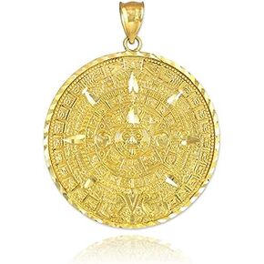 10K Yellow Gold Round Aztec Mayan Calendar Charm Pendant - Choice of Size