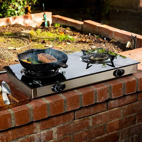 XtremepowerUS 2 Burner Propane Gas Stove, 25,516 BTU Portable Camping Cooktop with Auto Ignition, Tempered Glass Top, LPG Outdoor Cooking Stove Camping, Tailgating, RV, Emergency & Backyard Cooking in Saudi Arabia