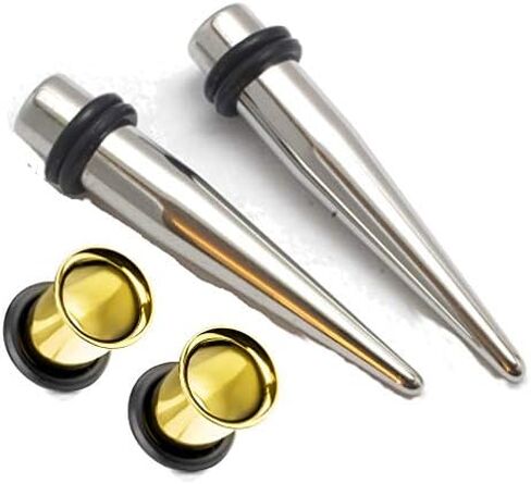 Surgical Steel Tapers and Gold Single Flare Tunnels Ear Stretching Kit Gauges 1g 0g 00g 1/2 9/16 5/8 in Saudi Arabia
