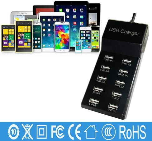 USB Charger USB Charging Station 10-Port USB Desktop hub Wall Charger, Suitable for iPhone/iPad/Samsung Galaxy Note Tablet Android Smartphone Multi-Function Device (Black) in Saudi Arabia