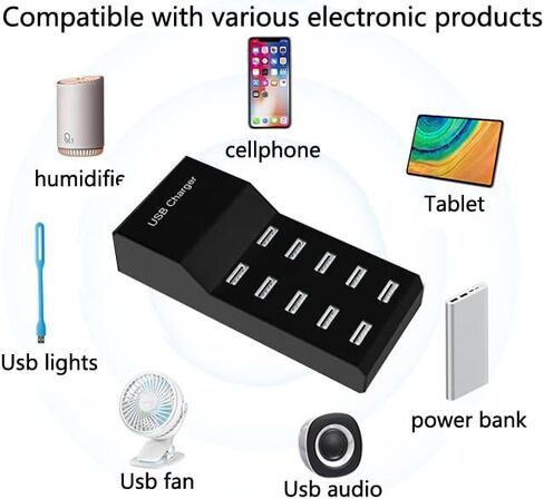 USB Charger USB Charging Station 10-Port USB Desktop hub Wall Charger, Suitable for iPhone/iPad/Samsung Galaxy Note Tablet Android Smartphone Multi-Function Device (Black) in Saudi Arabia
