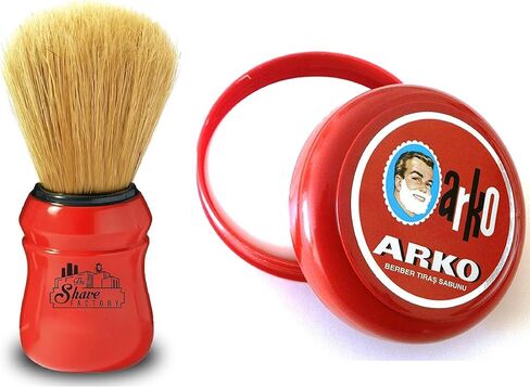 Arko/Omega Shaving Soap 90g in Traditional Bowl Case + TSF Shaving Brush Natural Boar Bristle, Red in Saudi Arabia