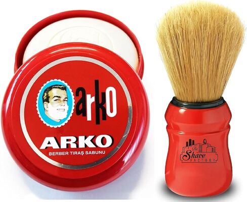 Arko/Omega Shaving Soap 90g in Traditional Bowl Case + TSF Shaving Brush Natural Boar Bristle, Red in Saudi Arabia
